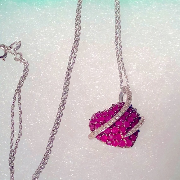 Natural Ruby and Diamond Sterling Silver Necklace - Picture 4 of 12